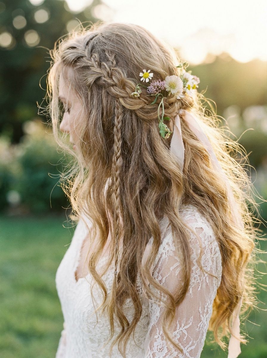 Boho Locken mit kleinen Flechtdetails - Locken Frisuren Hochzeit
